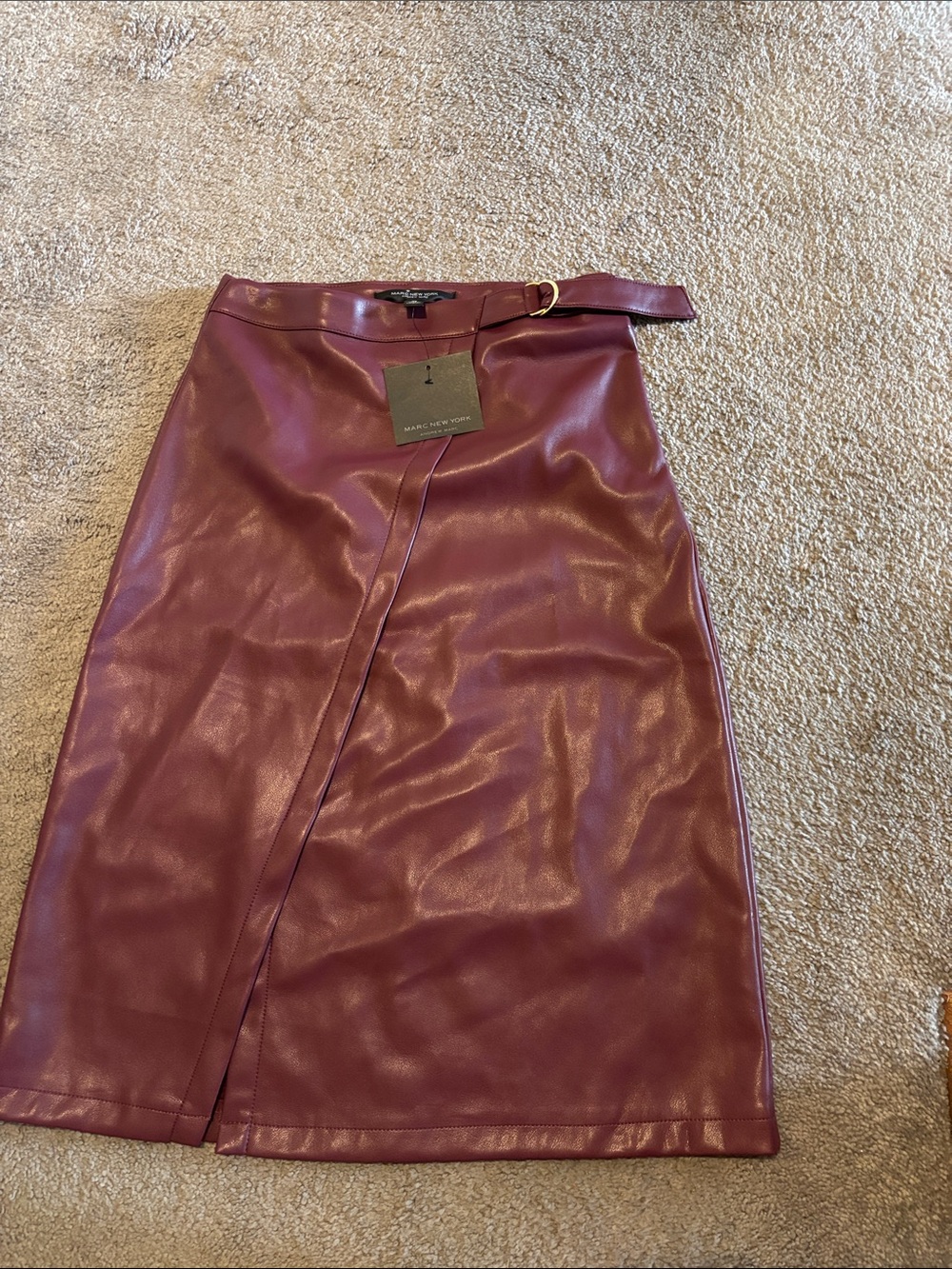 Marc New York Wine Faux Leather Pencil Skirt with Belted Waist